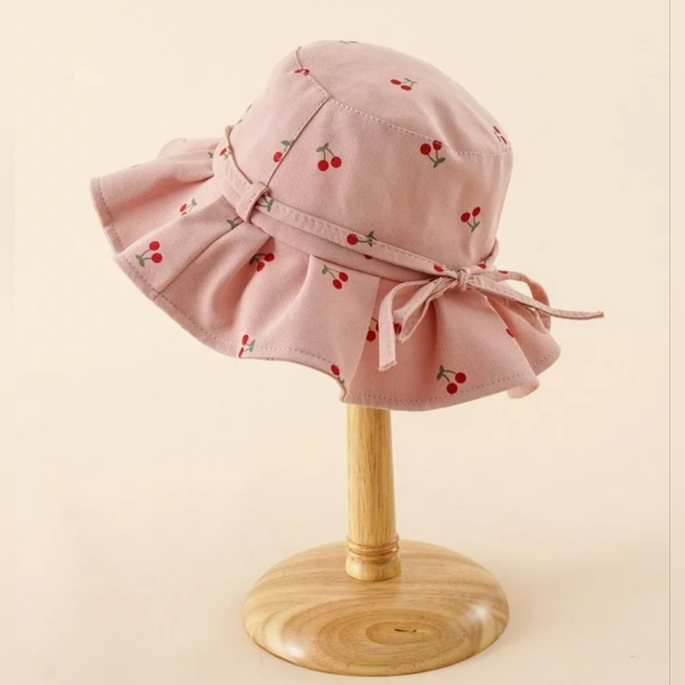Cherry Print Bucket Hat Kids Beach Sun Bonnet Fisherman Pink Summer Bow Cap - Picture 3 of 3